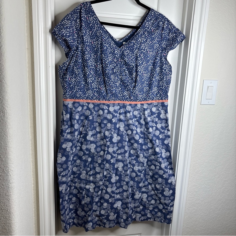 Boden Blue Mixed-Print V-Neck Midi Dress with Coral Trim